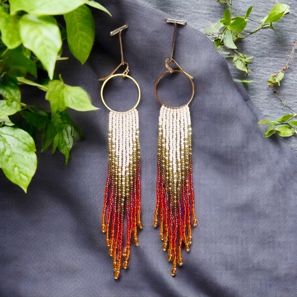 Sunset Ombré Beaded Fringe Earrings: Seed Bead Boho Earrings Chandelier Earrings - Picture 12 of 16